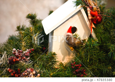 Christmas decoration with a nest in a green tree 47835380