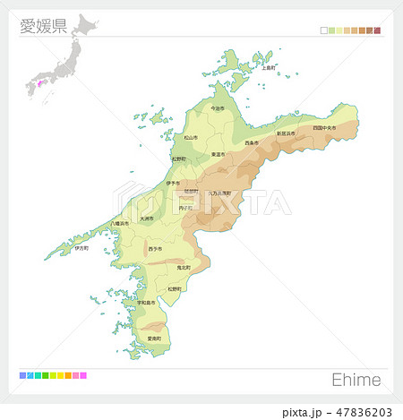 愛媛県の地図（等高線・色分け・市町村・区分け）