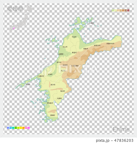 愛媛県の地図（等高線・色分け・市町村・区分け） 47836203