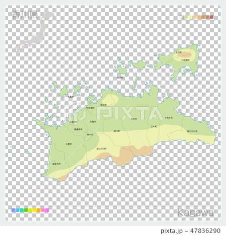 香川県の地図 等高線 色分け 市町村 区分け のイラスト素材