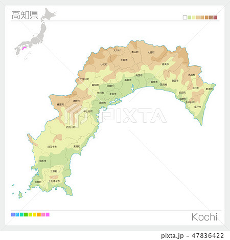 高知県の地図（等高線・色分け・市町村・区分け）