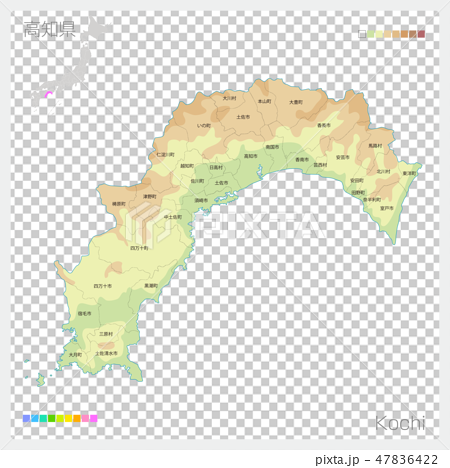 高知県の地図 等高線 色分け 市町村 区分け のイラスト素材