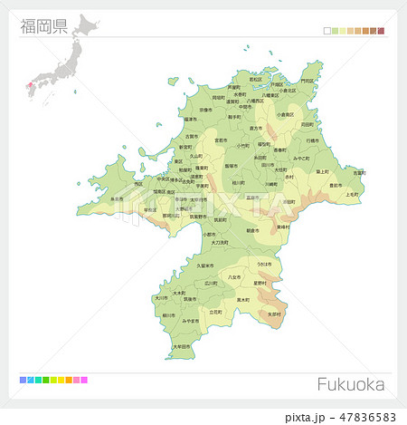 福岡県の地図 等高線 色分け 市町村 区分け のイラスト素材 4765