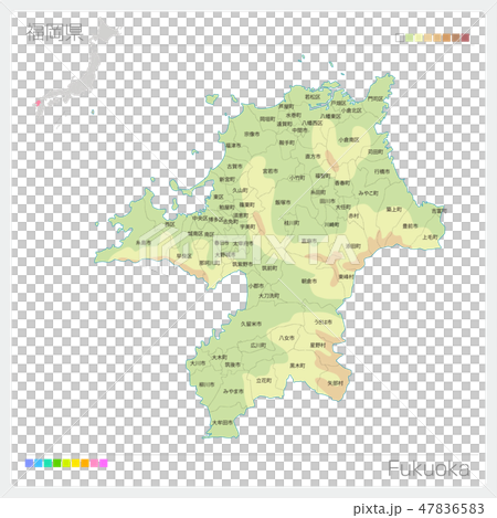 福岡県の地図（等高線・色分け・市町村・区分け） 47836583