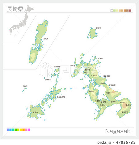 長崎県の地図（等高線・色分け・市町村・区分け）