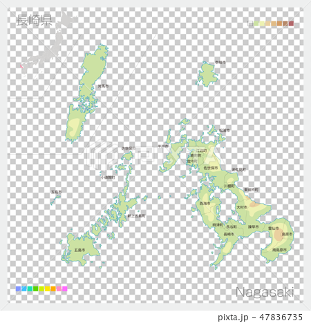 長崎県の地図（等高線・色分け・市町村・区分け） 47836735
