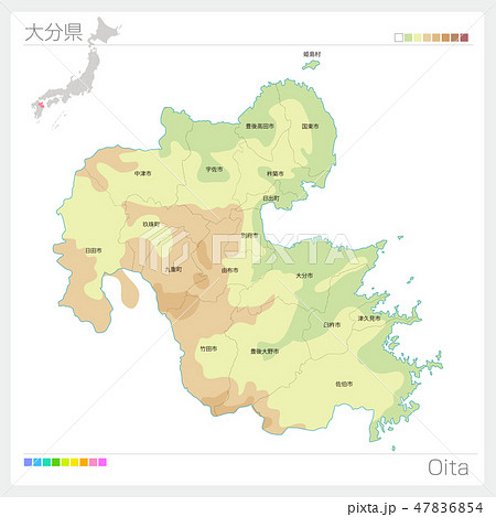大分県の地図（等高線・色分け・市町村・区分け）