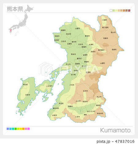 熊本県の地図（等高線・色分け・市町村・区分け）