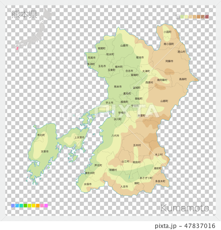 熊本県の地図（等高線・色分け・市町村・区分け） 47837016