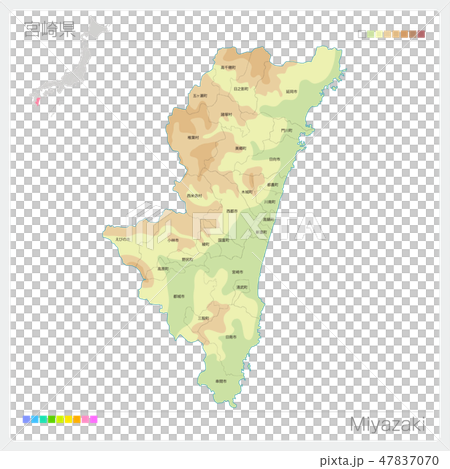 宮崎県の地図 等高線 色分け 市町村 区分け のイラスト素材
