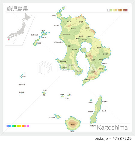 鹿児島県の地図（等高線・色分け・市町村・区分け） 47837229