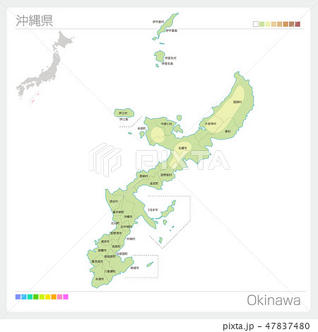 沖縄県の地図 等高線 色分け 市町村 区分け のイラスト素材