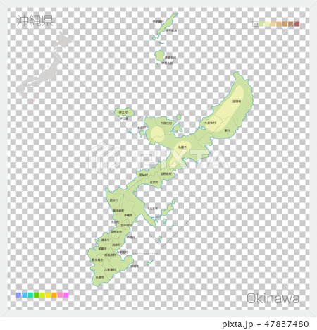 沖縄県の地図 等高線 色分け 市町村 区分け のイラスト素材 47837480 Pixta
