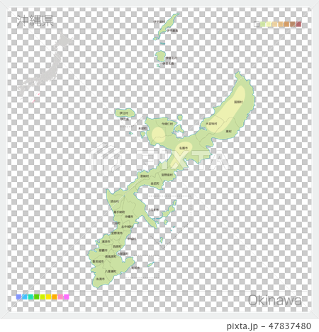 沖縄県の地図 等高線 色分け 市町村 区分け のイラスト素材 47837480 Pixta