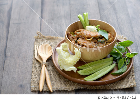 Tradition spicy grilled pork salad in Thai style Tradition spicy grilled pork salad in Thai style 47837712