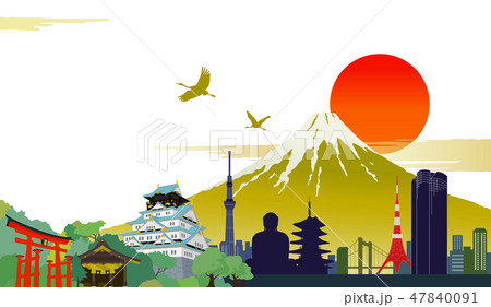 日本のシンボル ランドマークと富士山の風景のイラスト素材