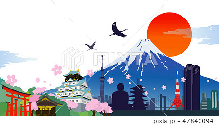 日本のシンボルと桜 ランドマークと富士山のイラスト素材