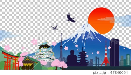 日本のシンボルと桜 ランドマークと富士山のイラスト素材