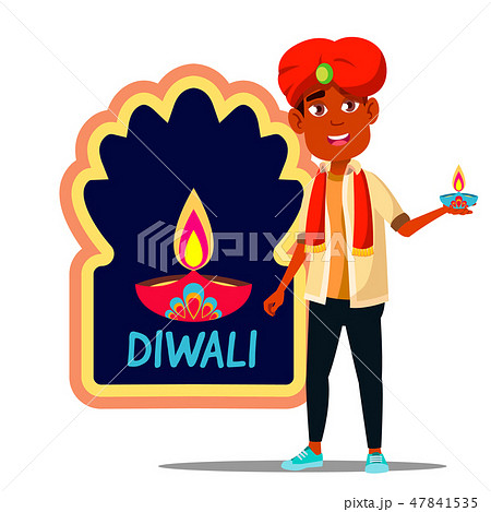 Indian Child Boy In Turban With Diwali Banner Vector. Isolated Illustration Indian Child Boy In Turban With Diwali Banner Vector. Isolated Illustration 47841535