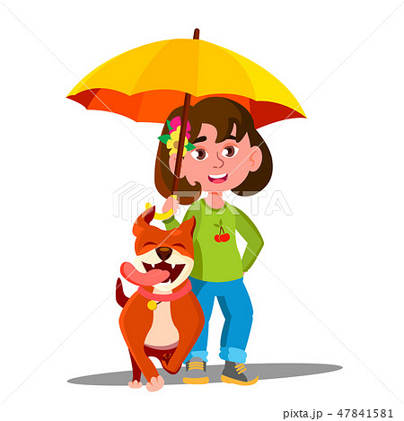 Little Girl Walking A Dog Under Umbrella In The Rain Vector. Isolated Illustration 47841581