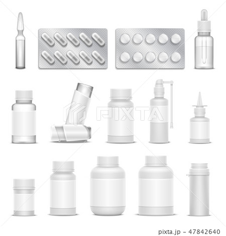 White blank medicine pharmaceutical packaging vector mockups. Bottles spray and drugs 47842640