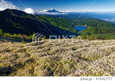 大菩薩峠稜線から見る富士山と大菩薩湖 大菩薩峠稜線から見る富士山と大菩薩湖 47842777