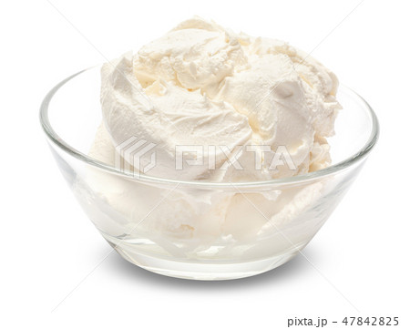 Traditional Mascarpone cheese in glass bowl isolated on white with clipping path Traditional Mascarpone cheese in glass bowl isolated on white with clipping path 47842825
