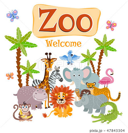 Zoo vector illustration with wild cartoon... - Stock Illustration  [47843304] - PIXTA