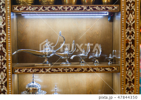 Aladdin lamp on shelf. Ramadan background. Ramadan kareem. 47844350