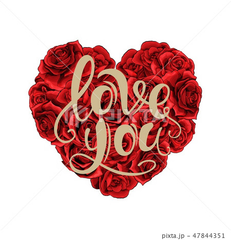 Valentines day red roses heart filled and lettering isolated on white background 47844351