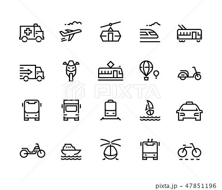Transport line icons. Airplane helicopter balloon train trolley city vehicles bicycle motorcycle Transport line icons. Airplane helicopter balloon train trolley city vehicles bicycle motorcycle 47851196