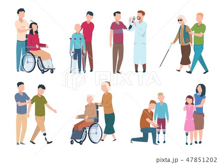 People with disabilities and friends. Disable persons in wheelchair with assistants. Happy disabled 47851202