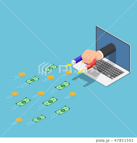 Hand with magnet appeared from laptop get money 47851501