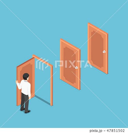 Businessman open the door and facing other doors Businessman open the door and facing other doors 47851502