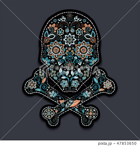 Embroidery flower skull for fashion textile and fabric. Vector vintage floral ornament on dark Embroidery flower skull for fashion textile and fabric. Vector vintage floral ornament on dark 47853650