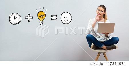 Time plus idea equals happy with young woman using her laptop  47854074