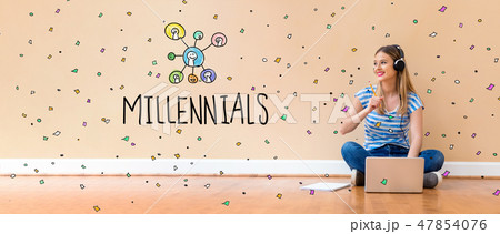 Millennials with woman using a laptop computer Millennials with woman using a laptop computer 47854076