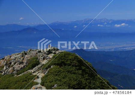 南アルプス塩見岳東峰山頂から西峰越しに北アルプス槍穂高連峰 笠ヶ岳を望む 南アルプス塩見岳東峰山頂から西峰越しに北アルプス槍穂高連峰 笠ヶ岳を望む 47856184