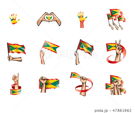 Grenada flag and hand on white background. Vector illustration 47861662