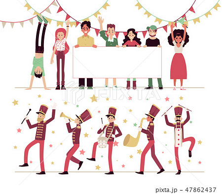 Parade, people with musical instruments, marching band. Demonstration with a blank poster. 47862437