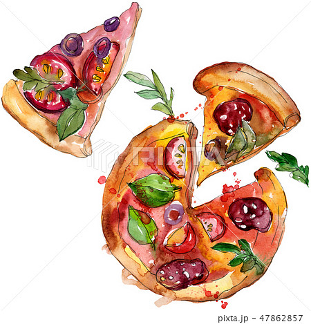 Fast food itallian pizza in a watercolor style set. Aquarelle food illustration for background 47862857