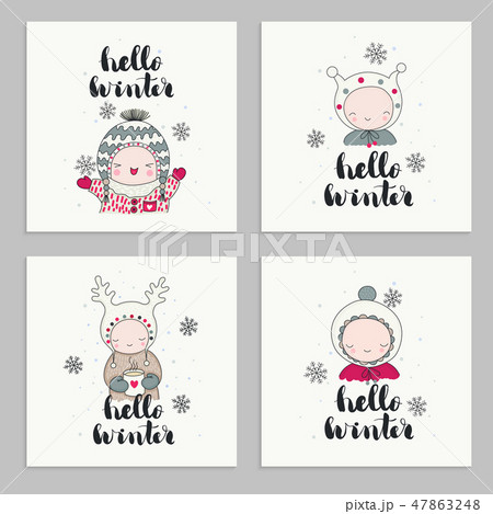 Set of cards with children lettering - hello spring 47863248