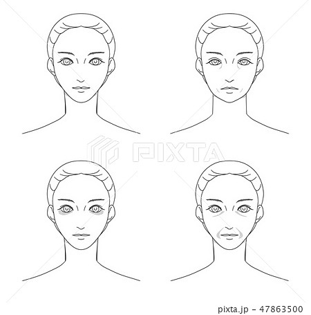 女性正面顔の線画イラスト たるみ シワ くまのイラスト素材