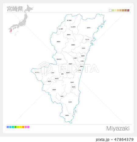 宮崎県の地図 市町村 区分け のイラスト素材