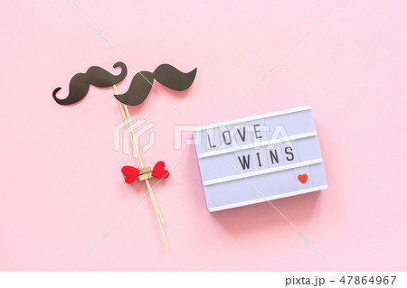 Lightbox with text Love wins and couple paper mustache props on pink background. Concept 47864967