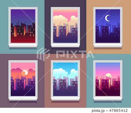 Windows day time. Early morning sunrise sunset, noon and dusk evening, night cityscape skyscrapers Windows day time. Early morning sunrise sunset, noon and dusk evening, night cityscape skyscrapers 47865412