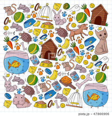 Pet shop. Vector illustration with animals, dog, cat, fish, Colorful background with kitten, bird 47866906