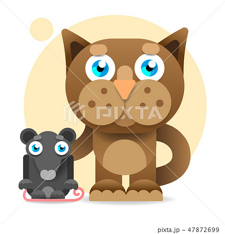Cute Cartoon Cat Looking At Mouse のイラスト素材