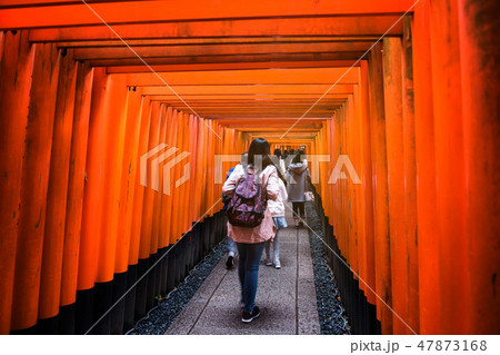 Tourist at Torii gate, Fushimi Inari, Kyoto Tourist at Torii gate, Fushimi Inari, Kyoto 47873168