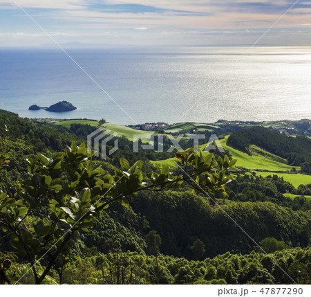Aerial view of lush green grass hills with fields and pastures and famous volcanic islet near the Aerial view of lush green grass hills with fields and pastures and famous volcanic islet near the 47877290